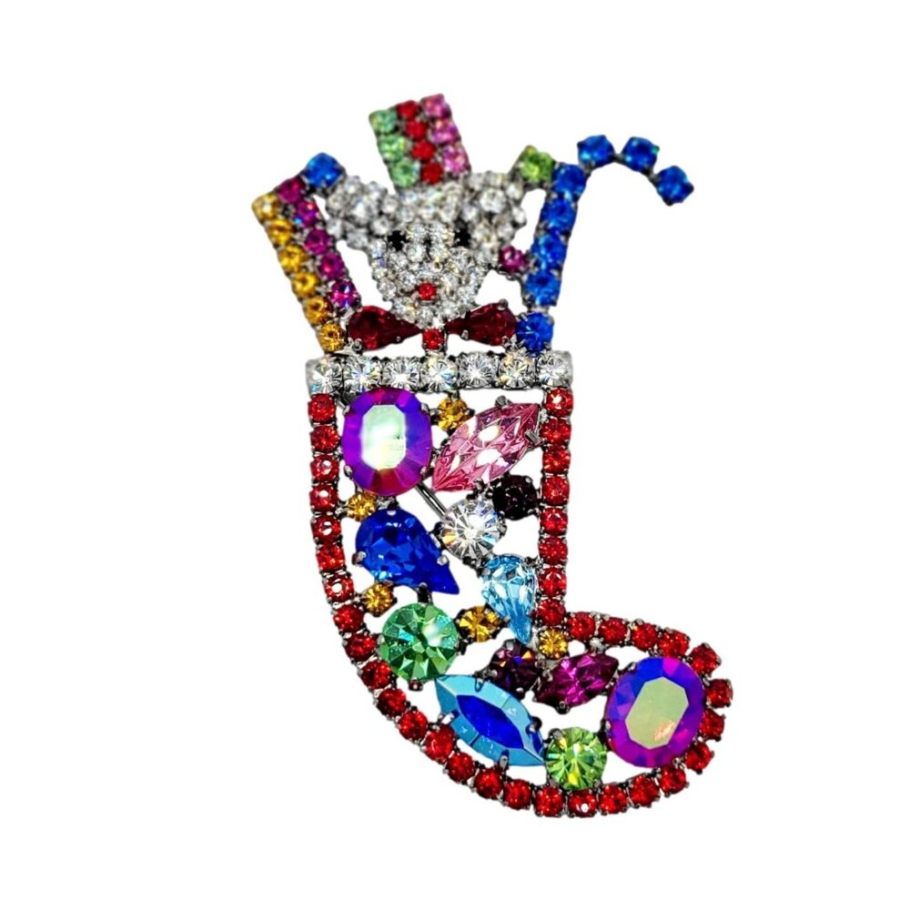 Nicky Butler RARE Teddy Bear Christmas Stocking Brooch Pin Crystal, Rhinestone